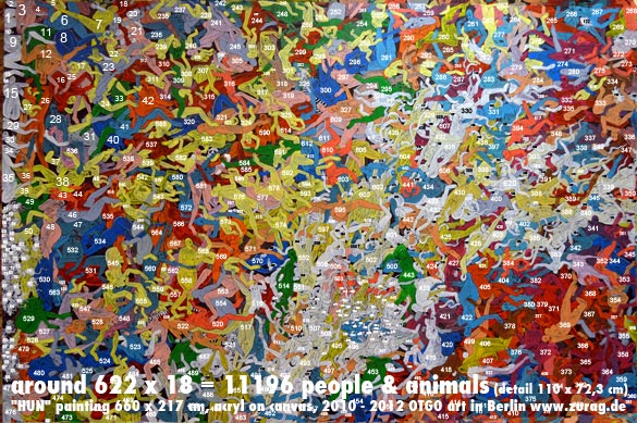 around 622 x 18 = 11196 people & animals (detail 110 x 72,3 cm) "HUN" painting 660 x 217 cm, acryl on canvas, 2010 - 2012 OTGO in Berlin www.zurag.de